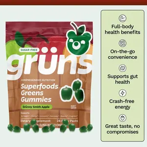 Grüns "Grünny Smith Apple" Flavor Supergreens Gummies: Comprehensive nutrition supplement with 60+ ingredients: Vitamins and Minerals, Prebiotics for Digestive Health, Adaptogens, Chlorophyll, Fruits and Vegetables, Gluten Free, Vegan, Third Party Tested