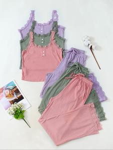 women's plain lace trim ribbed pajama set, casual comfy cute fake button decor backless crop cami top & elastic waist trousers pj set, ladies summer sleepwear, womenswear, loungewear, soft lounge sets, lingerie lace nightwear