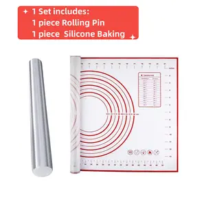Set of 2 Extra Large Non-slip Pastry Mat Stainless Steel Dough Rolling Pin Silicone Baking Mat for Kitchen Baking Pastry Bakeware Utensils