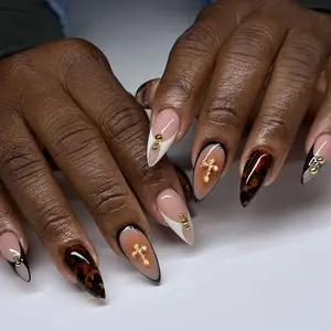 24 Pcs Tortoiseshell French Press-On Nails, Almond Shape with Gold Cross & Half Round Bead Decor, Nude Base False Nails, All-Season Style