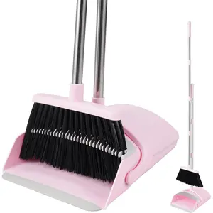 Broom and Dustpan Set, Outdoor Broom with Dustpan Combo Set for Sweeping Indoor Collapsible Broom Set for Home Office Kitchen Lobby Floor Pet Hair (Pink)