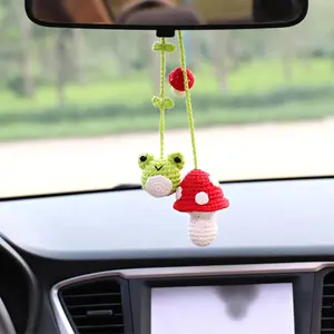 Cute Cartoon Frog & Mushroom Design Car Rearview Mirror Hanging Ornament, Handmade Car Rearview Mirror Hanging Accessories, Universal Car Interior Decoration Pendant, Car Trinkets
