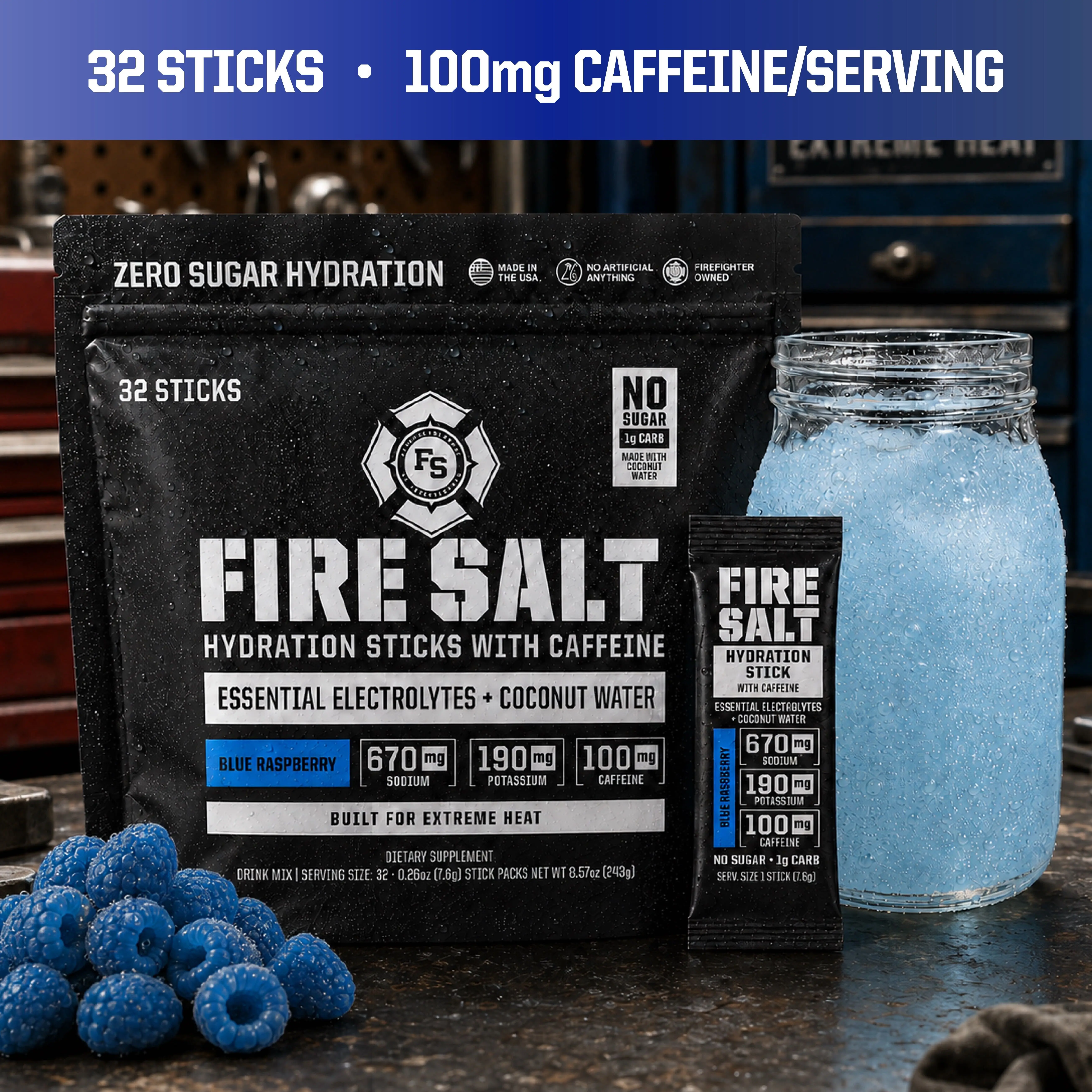 FIRE SALT Hydration Sticks Caffeine - Essential Electrolytes & Coconut Water - Zero Sugar - 32 Pack - Sport Energy Drink Mix Caffeine (32 Pack)