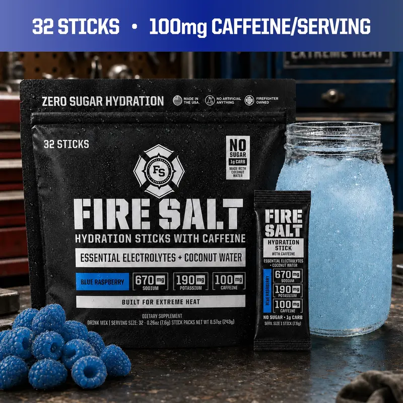 FIRE SALT Hydration Sticks Caffeine - Essential Electrolytes & Coconut Water - Zero Sugar - 32 Pack - Sport Energy Drink Mix Caffeine (32 Pack)