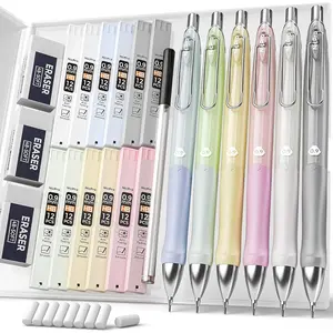 6PCS Pastel Mechanical Pencil Set 0.9 mm, Cute Mechanical Pencils 0.9 with Comfort Grip with 12 Tube HB Lead Refill, 3 Eraser, 9 Eraser Refill for Student Writing, Drawing, Sketching- with Case
