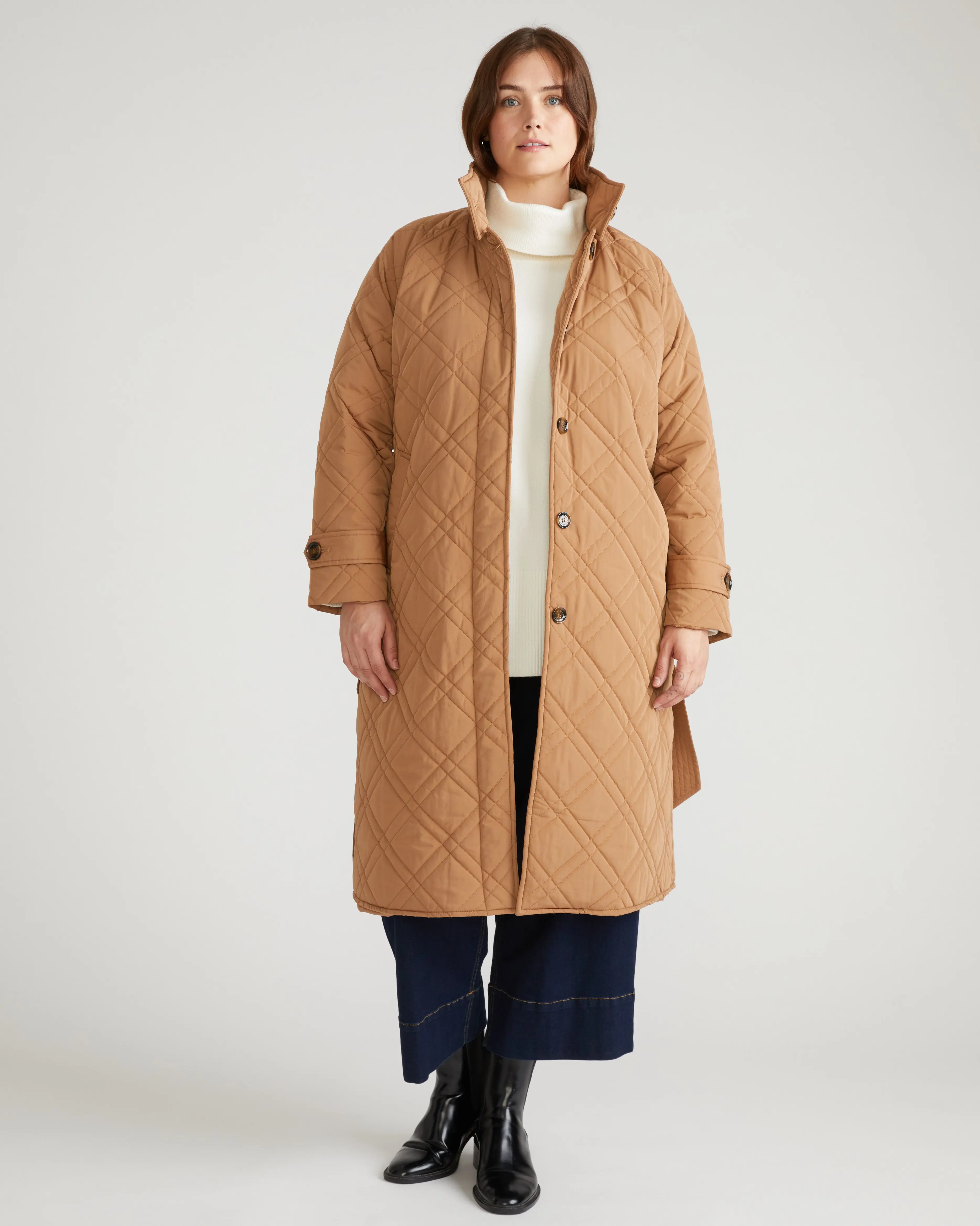 Women's Traditional Quilted Fleece Nehra Coat - Classic Camel, Funnel Neck, Longline Trench Style, Zip Closure, Versatile for Matching Outfits, Jackets, Outerwear, Expert Tailoring, Lady, Tops, Clothes, Roomy Cut, Belted, Lightweight, Trench Coat, Collare