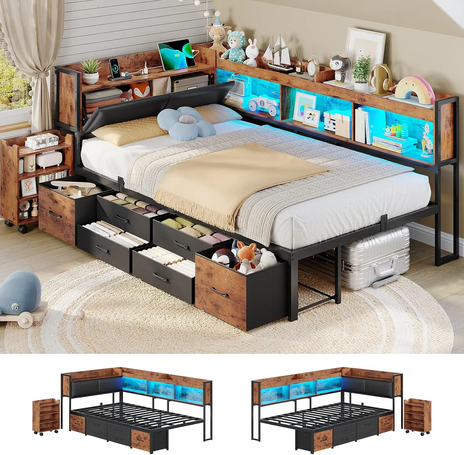 SIKAIC Twin/Full Corner Bed Frame with Pull-Out Cabinet, Bookcase & Headboad Storage, LED Daybed with 6 Drawers, Metal Platform Bed with Charging Station [tiktokshopbacktoschool]