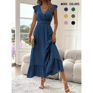 Women’s solid-color V-neck dress, an elegant and fashionable casual maxi dress suitable for everyday outdoor wear—Summer Women’s Dress GARMENTARY