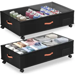 Under Bed Storage Box with Wheels, 2-Pack with Transparent Lid, XXL Large Under Bed Storage Container with Handle, Space-Saving Design, Can Store Clothes, Shoes, Books - Black