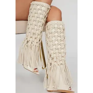 Summer Crochet Knee High Boots - Cream Y