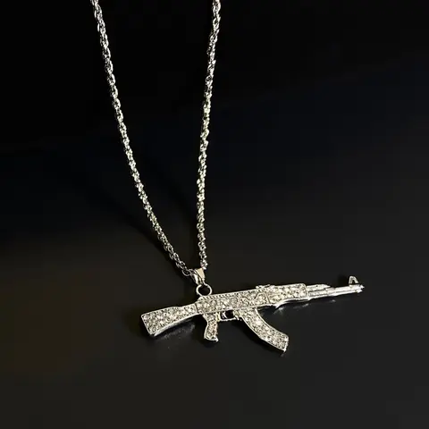 Rhinestone Decorated Submachine Gun Shaped Pendant Chain Necklace for Men, Hip Hop Punk Statement Necklace for Party, Daily Clothing Decor for Boy, Fashion Cool Accessories, Punk Style Necklace, Fashion Jewelry Party