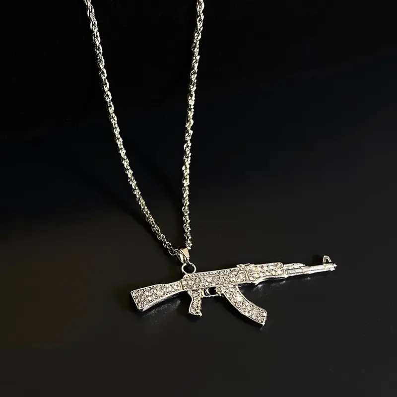 Rhinestone Decorated Submachine Gun Shaped Pendant Chain Necklace for Men, Hip Hop Punk Statement Necklace for Party, Daily Clothing Decor for Boy, Fashion Cool Accessories, Punk Style Necklace, Fashion Jewelry Party