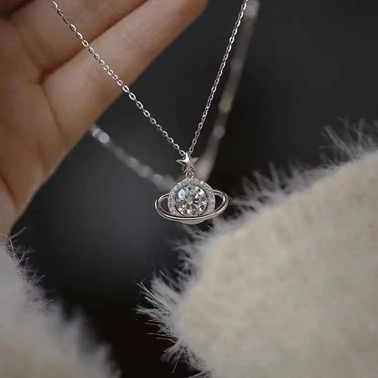 Women S925 Sterling Silver Shiny Full Cubic Zirconia Saturn Planet Pendant Necklace, Dainty Cosmic Star Chain Neck Jewelry for Ladies