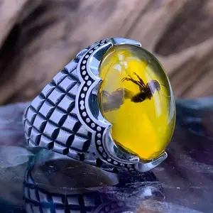 Men's Vintage Inlaid Yellow Amber Ant Fossil Silver Ring ring Cross maker