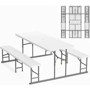 【Father's Day Gift】Outvita Folding Picnic Table and Bench Set, Portable Outdoor Dining Furniture for Camping, Patio, Backyard, Wood Grain Plastic Top with Metal Frame Summervibes