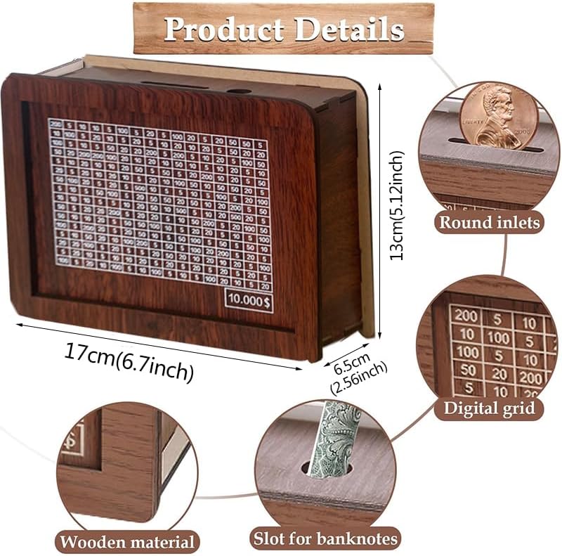 10000 Savings Challenge Box,Cash Vault Wooden Savings Box,kakeibo Money Box,Wooden Piggy Bank Coin Bank with Counting Target,The Best Gift for Boys, Girls, and Friends (Brown)