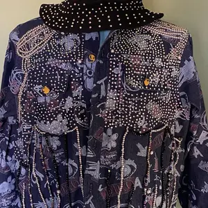 Beaded and Printed Jean Jacket Suit - Women's Clothes, Top & Pants, Versatile Design for Casual Wear - Womenswear