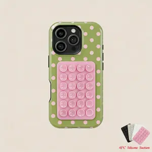4PC Silicone Suction Phone Case Mount, Olive Green with Pink Polka Dots Phone Case - Phone Case for Iphone & Samsung, Aesthetic Style
