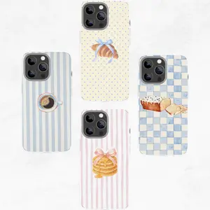Breakfast Aesthetic Phone Case for iPhone, Croissant Coffee Pancake Bread Cover, Blue Pink Striped Cute Coquette Food Case Gift