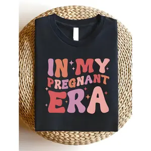 1Pc In My Pregnant Era T-Shirt - Cotton Crew Neck Tee, Casual Street Style, All-Season Short Sleeve With Heat Transfer Print, Loose Fit Flared Hem, Knit Fabric Pullover For Adults, Cute Holiday Pregnancy Shirts