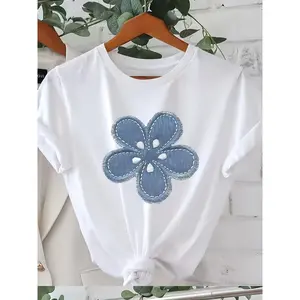 Summer New Ins Trendy T-Shirt with Denim Flower Decoration White Base Fresh Texture Regular Fit Comfortable Cotton Fabric for All Seasons Daily Casual Top