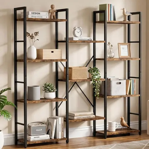 Walsunny 4-Tier Bookcase with 11 Shelves, Open Display Book Shelf with Metal Frame, CD & DVD Racks Book Shelf for Home Office, Rustic,Freestanding Industrial Ladder