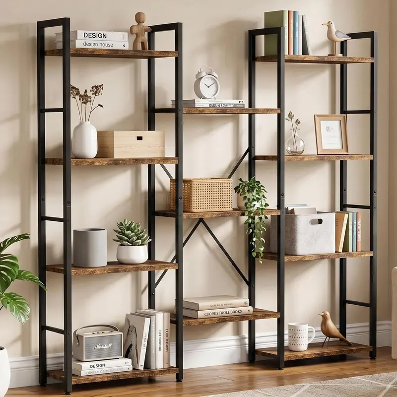 Walsunny 4-Tier Bookcase with 11 Shelves, Open Display Book Shelf with Metal Frame, CD & DVD Racks Book Shelf for Home Office, Rustic,Freestanding Industrial Ladder