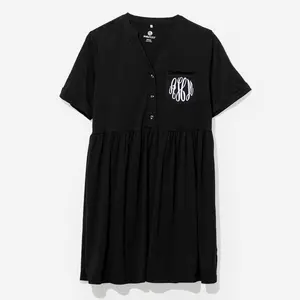 Marleylilly ML Marleylilly Monogrammed Split Neck Gathered Dress in Black Polyester Spandex Blend for Everyday Wear