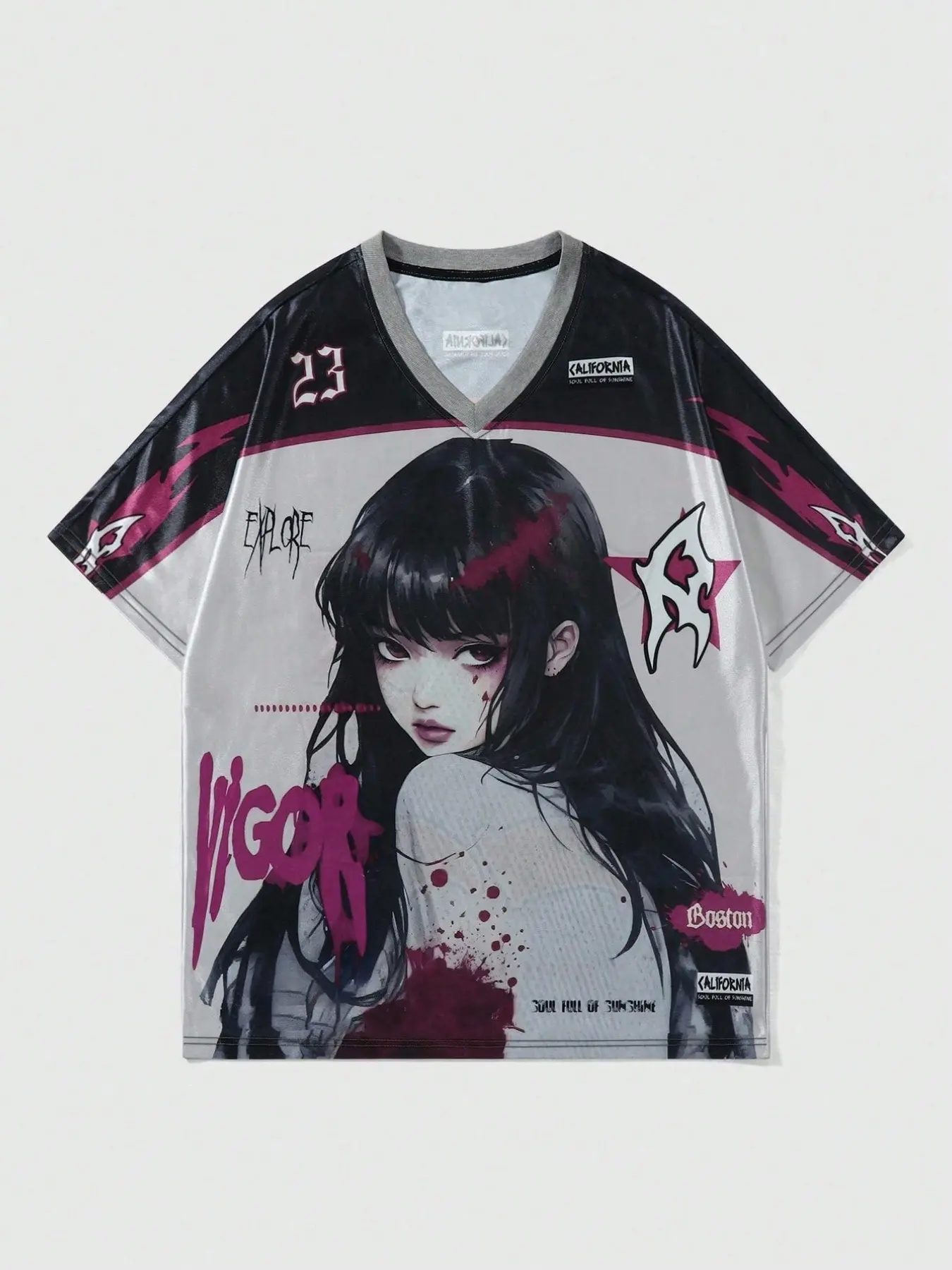 1pc Men's Anime Graphic Football Jersey Y2K Streetwear V-Neck Short Sleeve Manga Girl Print Cyber-Gothic Oversized Sports Tee Top For Summer Festival