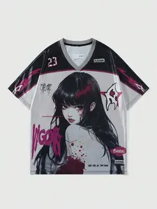 1pc Men's Anime Graphic Football Jersey Y2K Streetwear V-Neck Short Sleeve Manga Girl Print Cyber-Gothic Oversized Sports Tee Top For Summer Festival