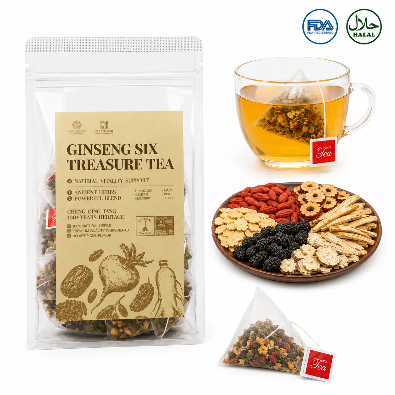 Ginseng 6-Treasure Tea Pyramid Bags, Scientifically Blended 6-Herbal Formula  ginseng , Caffeine-Free Gentle Boost, Vitality Partner for Busy Pros, 30 Bags