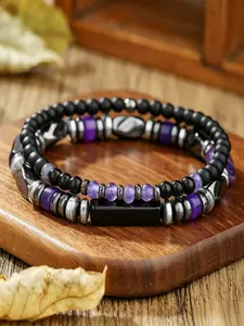 2Pcs Men's Double Wrap Bracelets with Gift Box Natural Amethyst Hematite Black Sandalwood Beads Energy Healing Bracelets Father's Day Gift for Dad Vintage Jewelry Present