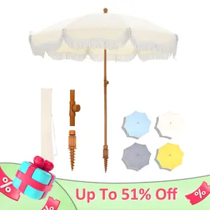 PHI VILLA 7ft Patio Beach Umbrella with Fringe, UPF 50+ Canopy, 8 High Wind Proof Fiberglass Ribs, Fully Assembled, Carry Bag Available Outdoor Aesthetic Round,SpringGlowUp
