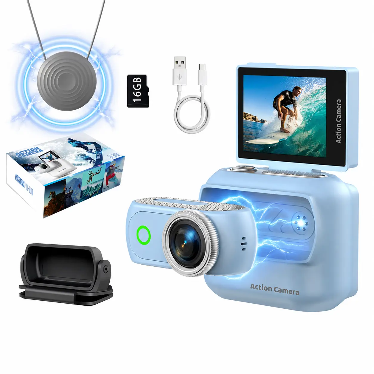 4K Magnetic Action Camera with Detachable Live View Screen, Neck Strap & Cap Mount, 16GB Memory Card, Portable Wearable Camera for Vlogging, Travel & Outdoor Recording