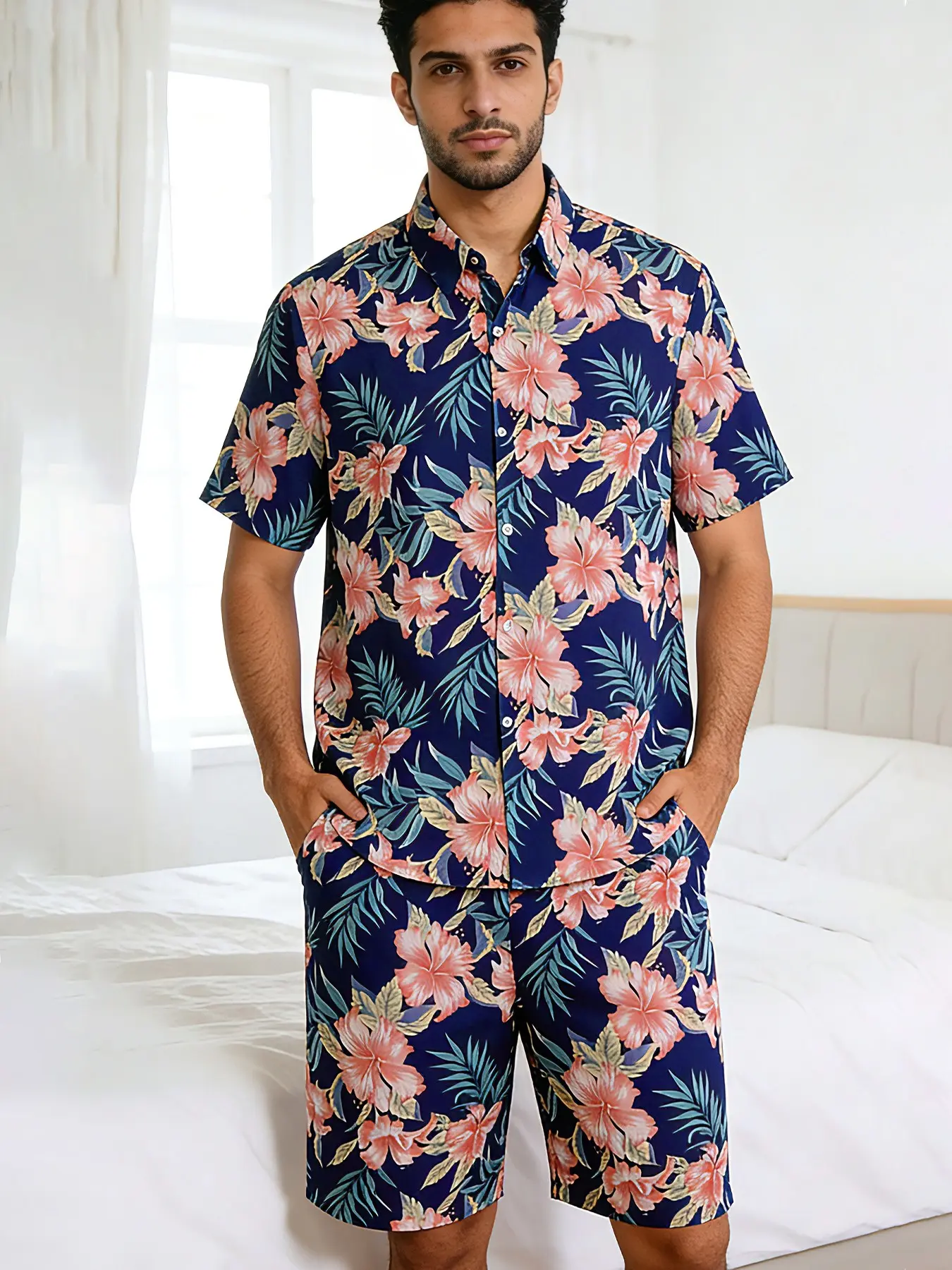 Men's Tropical Floral Print Pyjama Set, Comfortable Short Sleeve Shorts, Casual Homewear Pajamas with Pockets and Drawstring Waist, All Seasons
