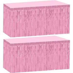 2 Pack 29.5x108 Inch Pink Foil Tinsel Fringe Table Skirts, Disposable Table Skirts for Rectangle Tables Curtains Backdrop Parade Wedding Floats Baby Shower Birthday Mardi Gras Party