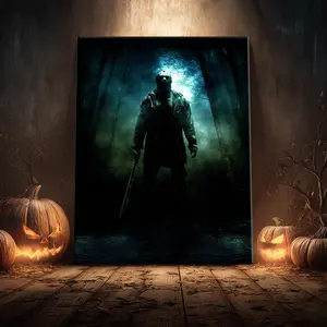 1 Count Wooden Framed Canvas, Horror Jason in the Forest Poster, Halloween Decorative Poster, Funny Poster, Horror Poster Party Hanging Picture, Modern Art, Wooden Wall Art For Living Room, Bedroom, Family Decoration, Ideal Gift, Waterproof, Print