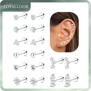 LOYALLOOK Hypoallergenic Flat Back Earrings 14K Gold Plated Cartilage Earring Stacks Surgical Stainless Steel Earrings For Sensitive Ears Women Helix Conch Tragus Piercing Jewelry Flatback Stud Earring Set