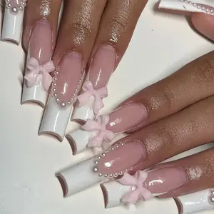Simple Fashion French Cute Pearl Bow Nail Art, Detachable Wearable False Nails, Salon Quality Nails, Stylish Manicure Accessories