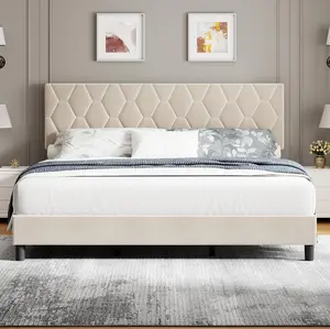 【Christmas Gift】Beige King Size Upholstered Bed Frame with Adjustable Headboard, Heavy-Duty Platform, Strong Wood Slats, Sturdy Support, Noise-Free Sleep Experience, No Box Spring Needed, Easy Assembly