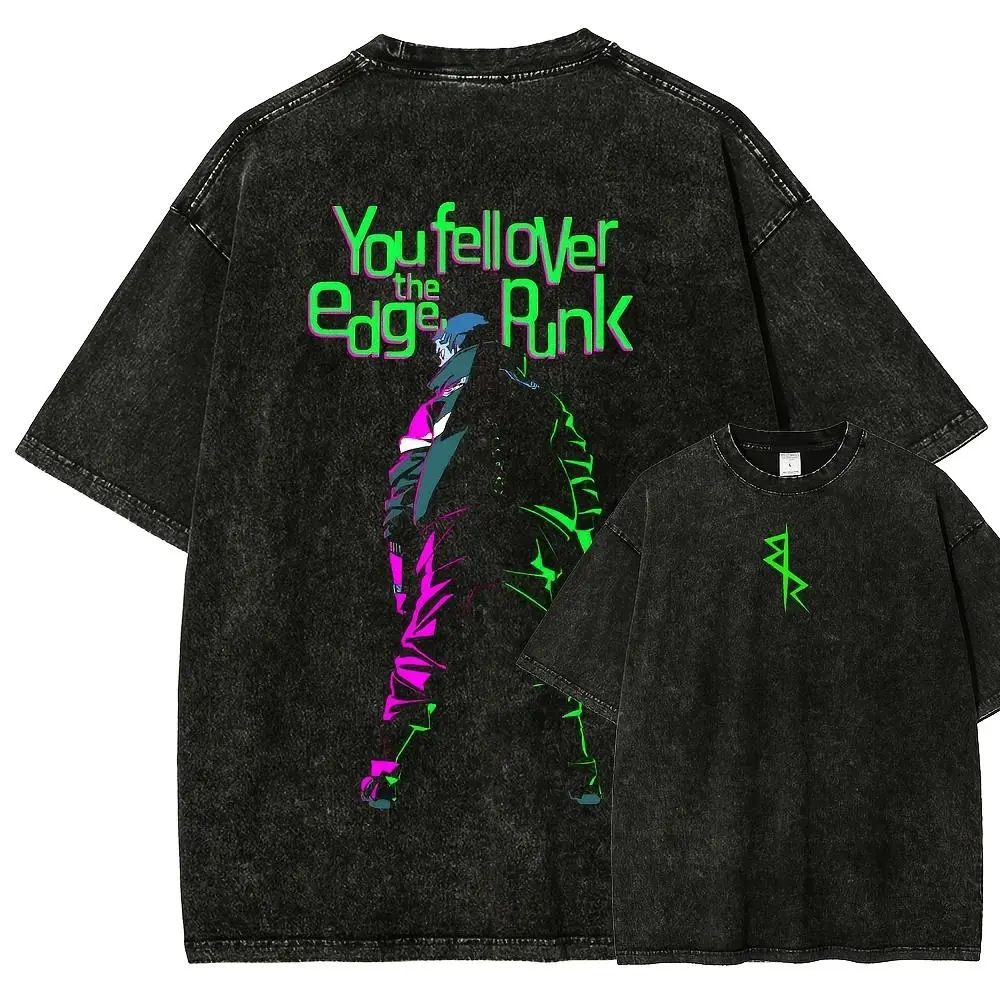 Men's Cyberpunk Edgerunner Fitted Vintage Round Neck Washed Cotton Short-Sleeve Graphic T-Shirt - Unisex Streetwear Distressed Casual Tops, Multi-Size Cyberpunk Art Tees for Everyday Wear, Fitted Cut, Graphic Tee, Figure, Shortsleeve