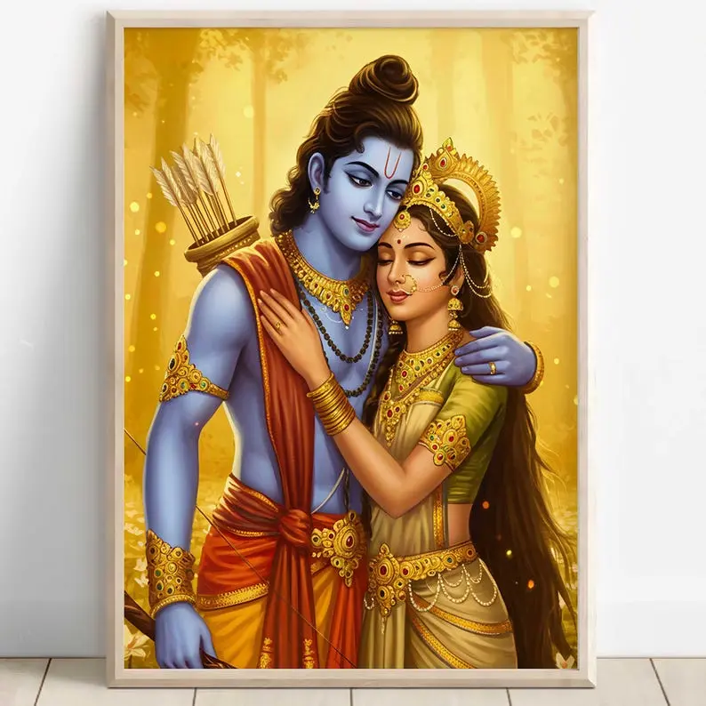 Ram and Sita, Lord Rama, Hindu God Wall Art, Ram, Rama, Indian God, Digital Print of Ram 20x30inch(50x75cm)Unframe Canvas Poster Decor Colorful Room Gifts Ornaments Decoration Artistic Photo