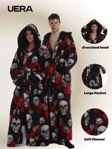 Skull Christmas Series Loose Hooded Bathrobe, Elegant Casual Home Sleepwear, with Pockets, Long Sleeve, Fall & Winter Gift