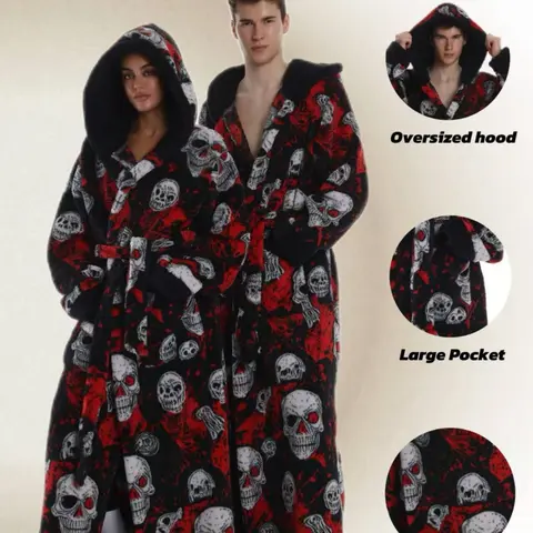 Skull Christmas Series Loose Hooded Bathrobe, Warm Robe, Elegant Casual Home Sleepwear, Loungewear, with Pockets, Long Sleeve, Fall & Winter Gift