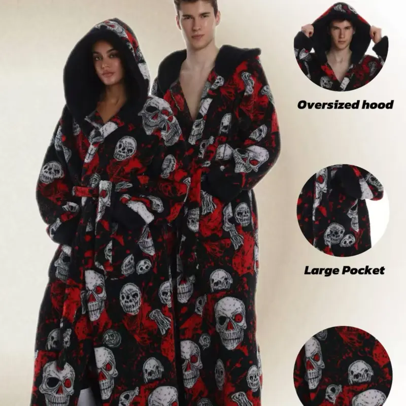 Skull Christmas Series Loose Hooded Bathrobe, Warm Robe, Elegant Casual Home Sleepwear, Loungewear, with Pockets, Long Sleeve, Fall & Winter Gift