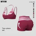 MFVIM Women’s 2-Piece Colorblock Striped Halter Yoga Workout Set - Gym Workout Apparel with Shoulder Straps, Back-Enhancing Design, Foldover Waistband, High-Stretch Shorts, for Back-to-School Matching Sets, 2 Piece Sets