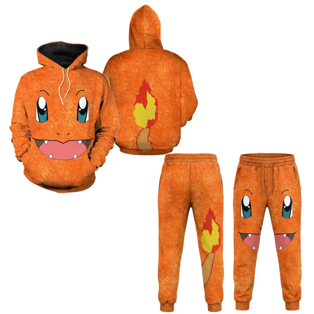 Fire Lizard Hoodie and Sweatpants Set, PKM Pocket Monsters Cute Fire Character Anime Graphic Design, Gift for Halloween