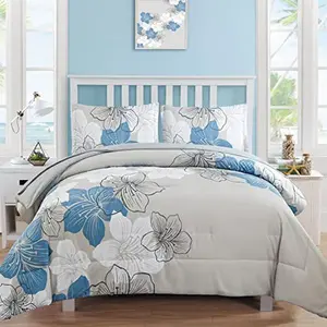 7 Pieces Blue Floral Comforter Set Queen King Size Botanical Reversible Bed in a Bag Golden Blue Leaves Bedding Set Soft Microfiber Sheet Set