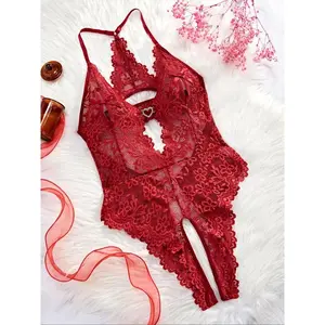 Women's Floral Lace Scallop Trim Cut Out Sheer Crotchless Sexy Lingerie Wear, Lingerie for Women, Bow Front Rhinestone Heart Decor Sleeveless Bodysuit, Ladies Summer Clothes, Sexy Lingerie, Bodysuits for Women Basic, Lingerie for Women
