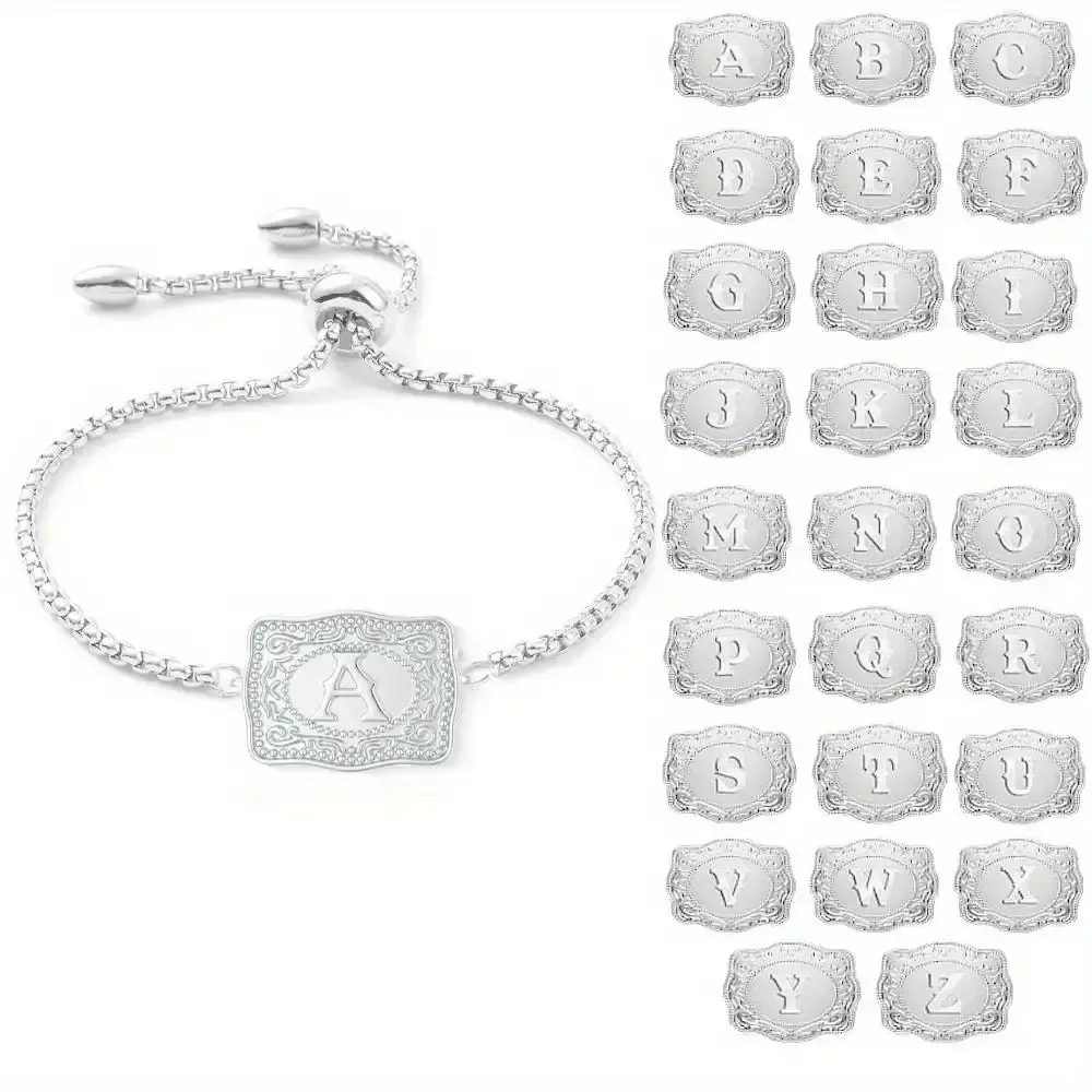 Classic Silver Stainless Steel Initial Bangle Bracelet, Unisex Charm Jewelry with Adjustable Multi-Size Belt Buckle Clasp for Daily Wear, Letter Charm (T, G)